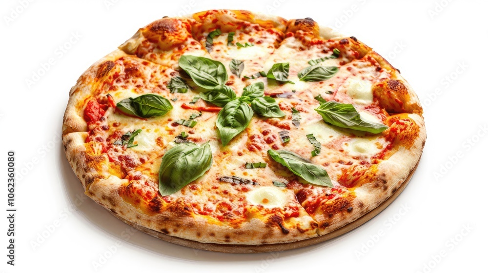 Freshly Baked Italian Margherita Pizza with Mozzarella and Basil on White Background Freshly Baked Italian Margherita Pizza with Mozzarella and Basil on White Background