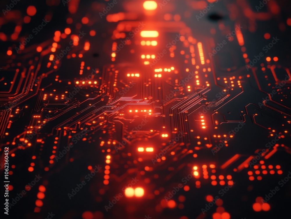 A close-up image of an illuminated electronic circuit board with glowing red lights, showcasing complex pathways and components on a dark background. A close-up image of an illuminated electronic circuit board with glowing red lights, showcasing complex pathways and components on a dark background.