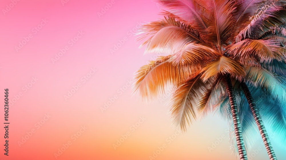 A single palm tree standing tall against a backdrop of a vibrant sunset gradient, representing tranquility and tropical vibes in a stunning color palette. A single palm tree standing tall against a backdrop of a vibrant sunset gradient, representing tranquility and tropical vibes in a stunning color palette.
