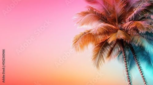 A single palm tree standing tall against a backdrop of a vibrant sunset gradient, representing tranquility and tropical vibes in a stunning color palette.