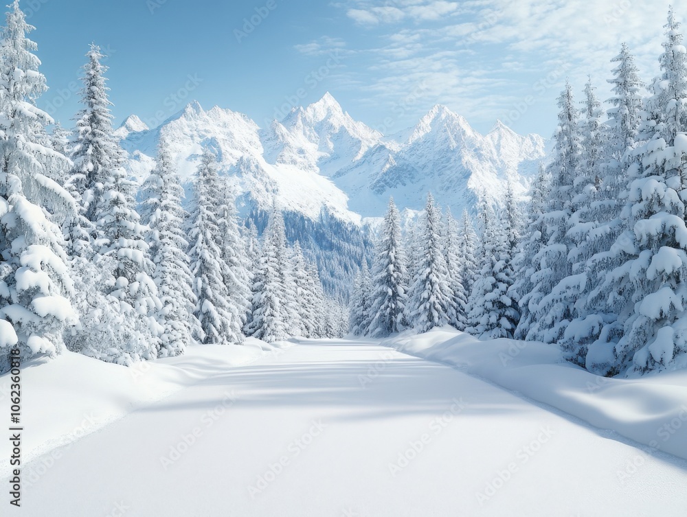 A serene winter landscape with snow-covered trees and mountains under a clear blue sky, creating a tranquil and pristine setting. A serene winter landscape with snow-covered trees and mountains under a clear blue sky, creating a tranquil and pristine setting.