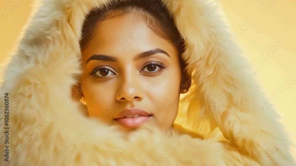 Elegant woman wrapped in luxurious fur against soft yellow background Elegant woman wrapped in luxurious fur against soft yellow background