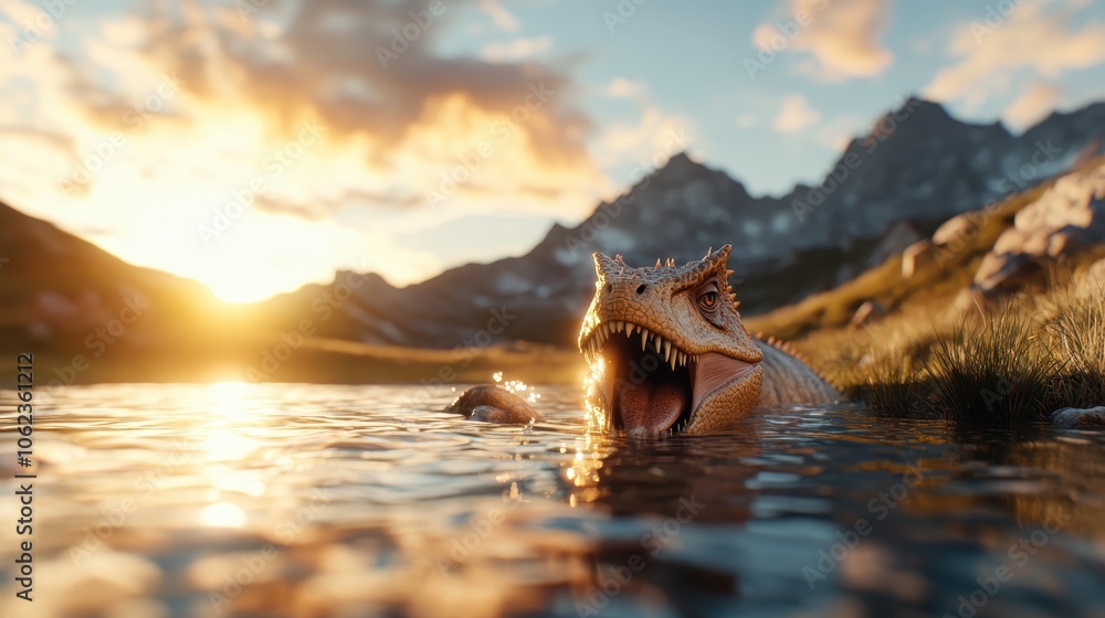 Naklejka premium A dinosaur emerges from a body of water at sunset with mountains in the background, catching the sun's glow and expressing primal strength and freedom.