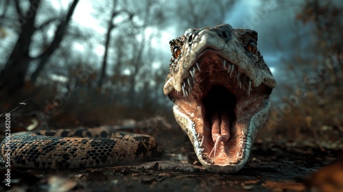 A large snake displays its dominance with wide-open jaws, resting menacingly on the forest floor amidst dim light and an overcast backdrop, perfectly capturing predatory allure.