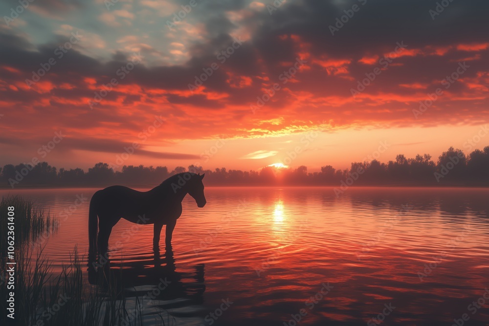Majestic horse in serene lake scene at sunset's golden hour Majestic horse in serene lake scene at sunset's golden hour