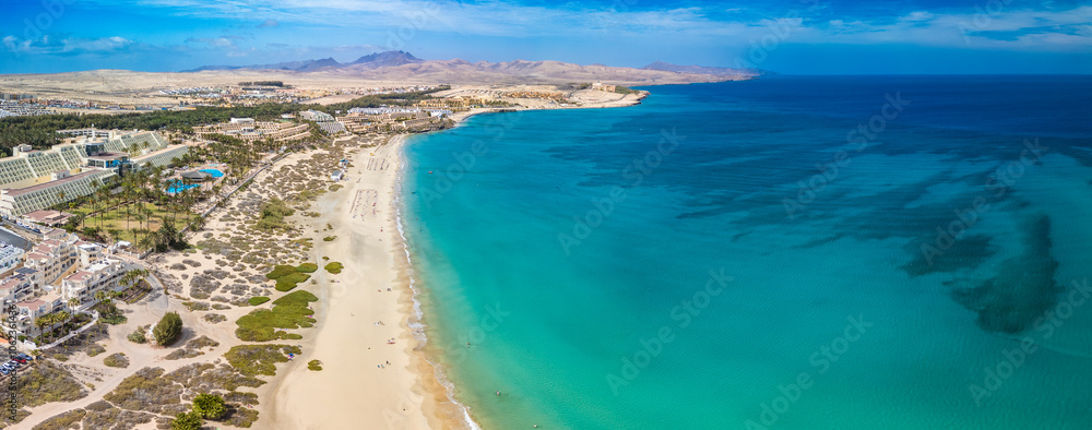 Aerial drone view of Costa Calma beach during the sunset,Fuerteventura, Canary Islands Aerial drone view of Costa Calma beach during the sunset,Fuerteventura, Canary Islands