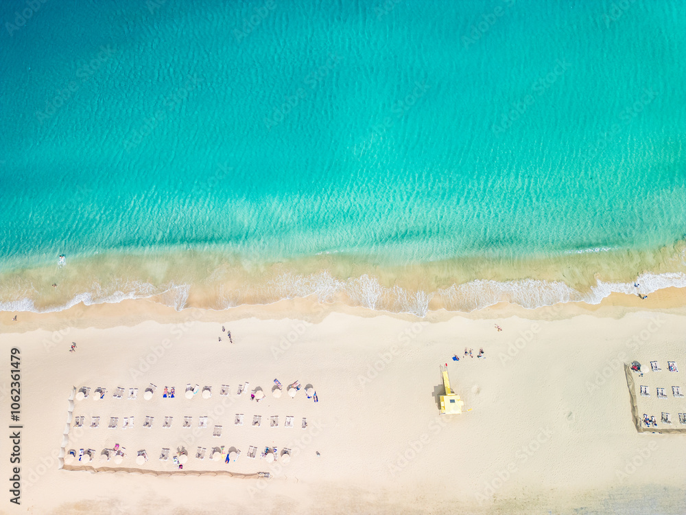 Obraz premium Aerial drone view of Costa Calma beach during the sunset,Fuerteventura, Canary Islands
