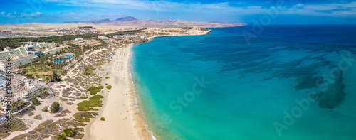 Aerial drone view of Costa Calma beach during the sunset,Fuerteventura, Canary Islands