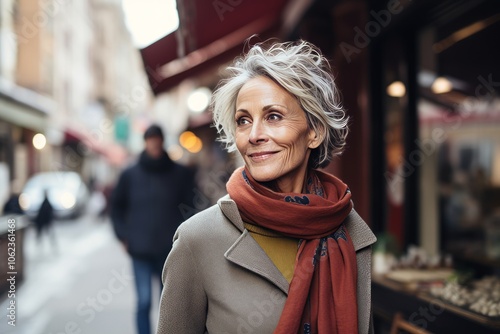 Portrait of happy mature woman walking in city street. Focus on woman