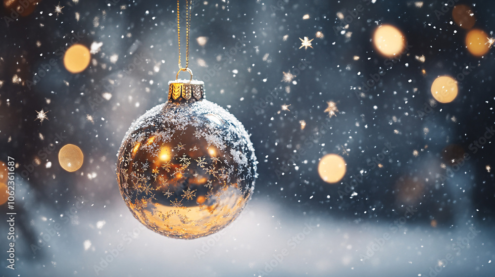 Sparkling Christmas Tree Bauble Hovering in the Air, Surrounded by Snowflakes that Twinkle Like Stars Sparkling Christmas Tree Bauble Hovering in the Air, Surrounded by Snowflakes that Twinkle Like Stars