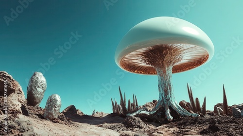 A massive mushroom structure stands prominently, with detailed textures and roots, set against an alien landscape with odd vegetation and rocky outcrops under blue skies.