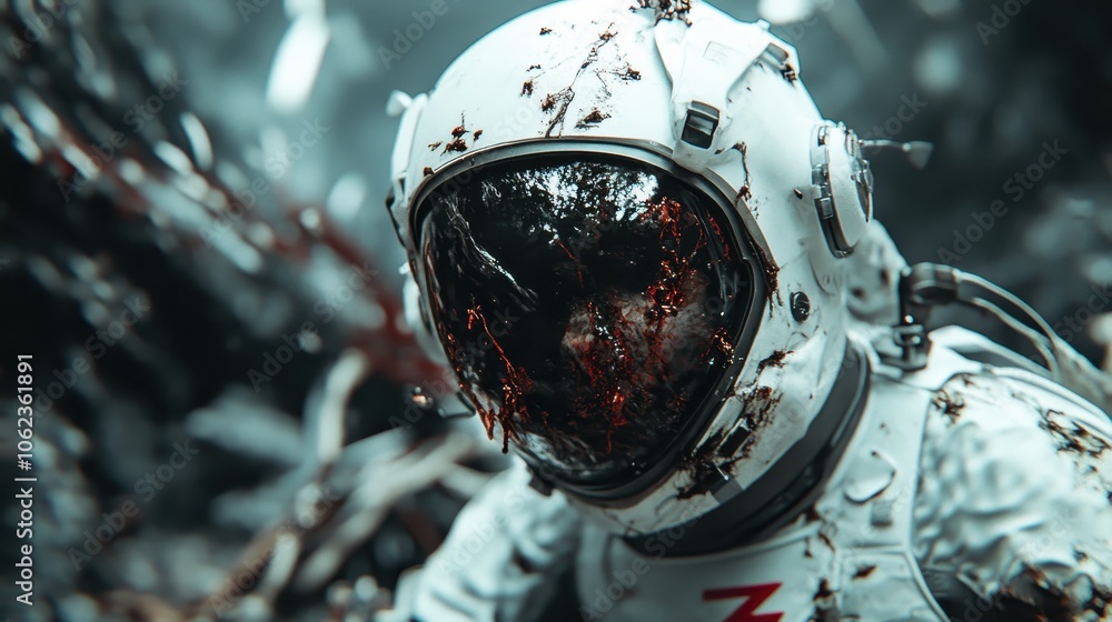 Astronaut in a damaged suit with a dark visor surrounded by shadowy, alien-like environment, evoking a sci-fi horror atmosphere in a mysterious setting. Astronaut in a damaged suit with a dark visor surrounded by shadowy, alien-like environment, evoking a sci-fi horror atmosphere in a mysterious setting.