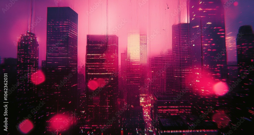 City skyline at night with a vibrant pink hue and rain-soaked windows. City skyline at night with a vibrant pink hue and rain-soaked windows.