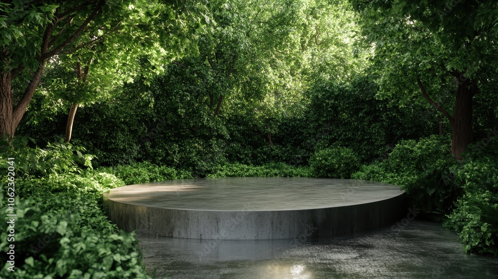 A circular concrete pavilion sits in a lush, dense wooded area, reflecting a balance between human design and the natural environment in a secluded forest setting. A circular concrete pavilion sits in a lush, dense wooded area, reflecting a balance between human design and the natural environment in a secluded forest setting.