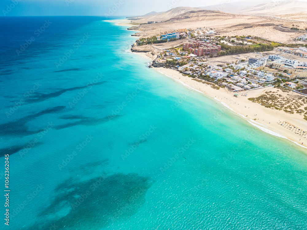 Aerial drone view of Costa Calma beach during the sunset,Fuerteventura, Canary Islands Aerial drone view of Costa Calma beach during the sunset,Fuerteventura, Canary Islands