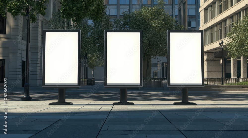 Three blank billboards stand tall in a city setting. offering prime advertising space for your message. Three blank billboards stand tall in a city setting. offering prime advertising space for your message.