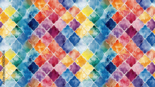 Colorful geometric pattern featuring watercolor tiles with arabesque motifs perfect for fabric design and home decor applications