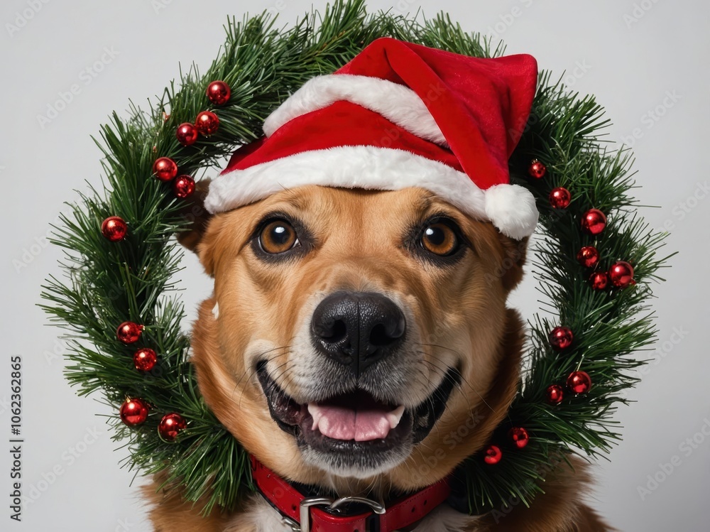 A charming dog sporting a bright red Christmas hat, exuding cuteness and joy, perfectly capturing the festive spirit of the holiday season in a warm setting A charming dog sporting a bright red Christmas hat, exuding cuteness and joy, perfectly capturing the festive spirit of the holiday season in a warm setting