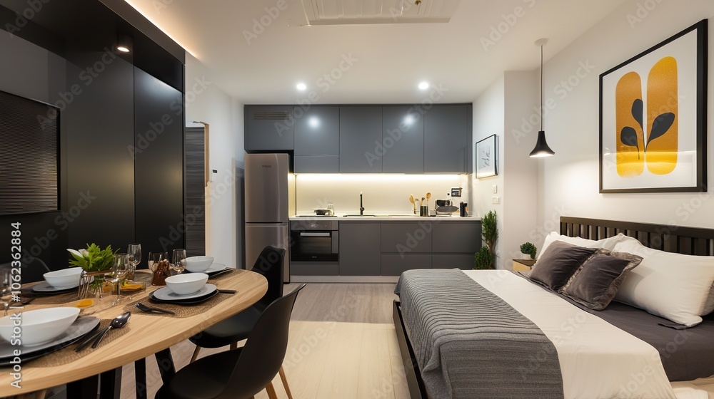Naklejka premium Modern studio apartment with integrated living and bedroom space