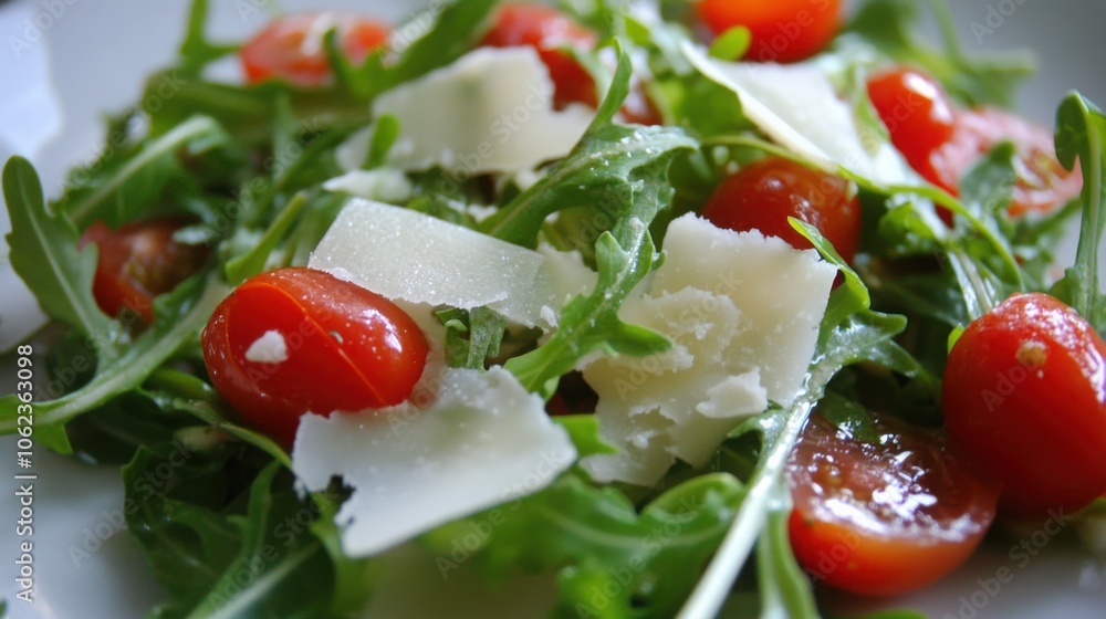 Italian salad with rocket, cherry tomatoes, and shaved Parmesan, dressed with olive oil Italian salad with rocket, cherry tomatoes, and shaved Parmesan, dressed with olive oil
