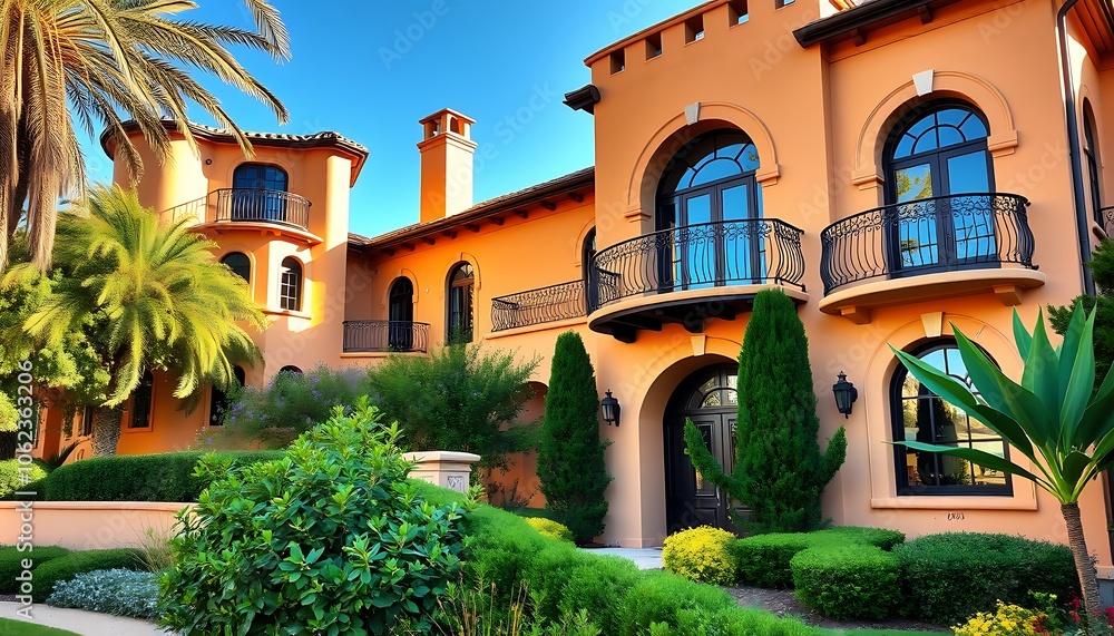 A stunning Mediterranean-style home wallpaper showcasing warm stucco walls, wrought iron balconies, and lush landscaping, capturing the essence of the coastal vibes in Santa Barbara, California. A stunning Mediterranean-style home wallpaper showcasing warm stucco walls, wrought iron balconies, and lush landscaping, capturing the essence of the coastal vibes in Santa Barbara, California.
