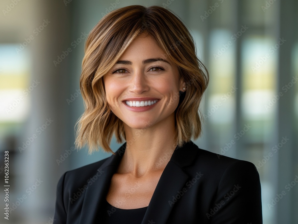 A smiling businesswoman with short brown hair stands confidently on a city street, wearing a black blazer. The background is blurred, highlighting her vibrant smile. A smiling businesswoman with short brown hair stands confidently on a city street, wearing a black blazer. The background is blurred, highlighting her vibrant smile.