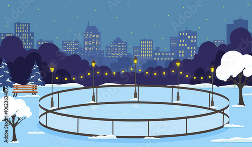 A winter evening ice skating rink illuminated by street lamps in a city park