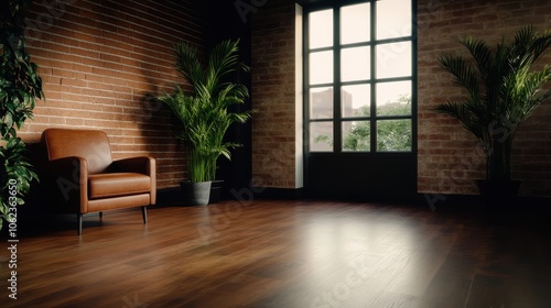 A warmly lit living room features an inviting brown leather armchair  lush green indoor plants  and a large window revealing an outdoor view of trees.
