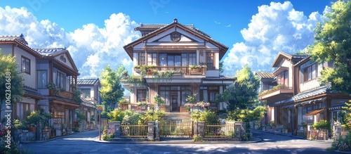 A charming street scene with traditional Japanese houses, lush greenery, and a clear blue sky.