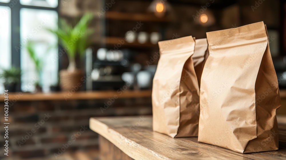 Brown paper coffee bean packs are prominently displayed on a polished wooden counter against a cozy cafe environment with soft lighting and warm tones. Brown paper coffee bean packs are prominently displayed on a polished wooden counter against a cozy cafe environment with soft lighting and warm tones.