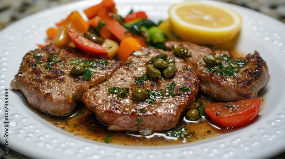 Italian veal piccata with lemon butter sauce and capers, served with a side of vegetables Italian veal piccata with lemon butter sauce and capers, served with a side of vegetables