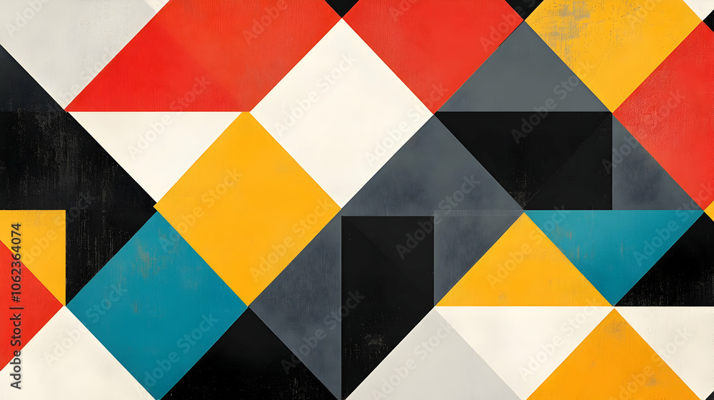 Bold geometric pattern with squares and triangles in red, yellow, black, and blue for a modern aesthetic Bold geometric pattern with squares and triangles in red, yellow, black, and blue for a modern aesthetic