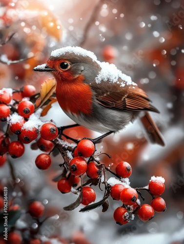 A vibrant robin stands on a branch laden with red berries, its feathers dusted with snow, showcasing the beauty of winter\'s touch. photo