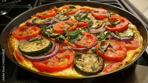 Italian vegetable frittata with colorful veggies and fresh herbs, served warm from the pan