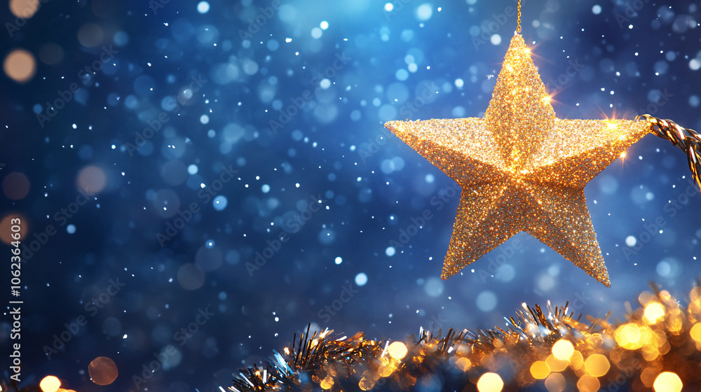 Sparkling Tinsel Wrapped Around a Floating Christmas Star, Twinkling Brightly Against a Starry Sky Sparkling Tinsel Wrapped Around a Floating Christmas Star, Twinkling Brightly Against a Starry Sky