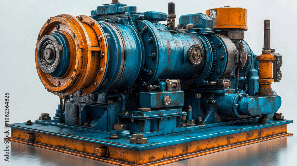 An old, weathered industrial machine or motor with rusted components and faded blue and orange colors, displaying vintage engineering An old, weathered industrial machine or motor with rusted components and faded blue and orange colors, displaying vintage engineering