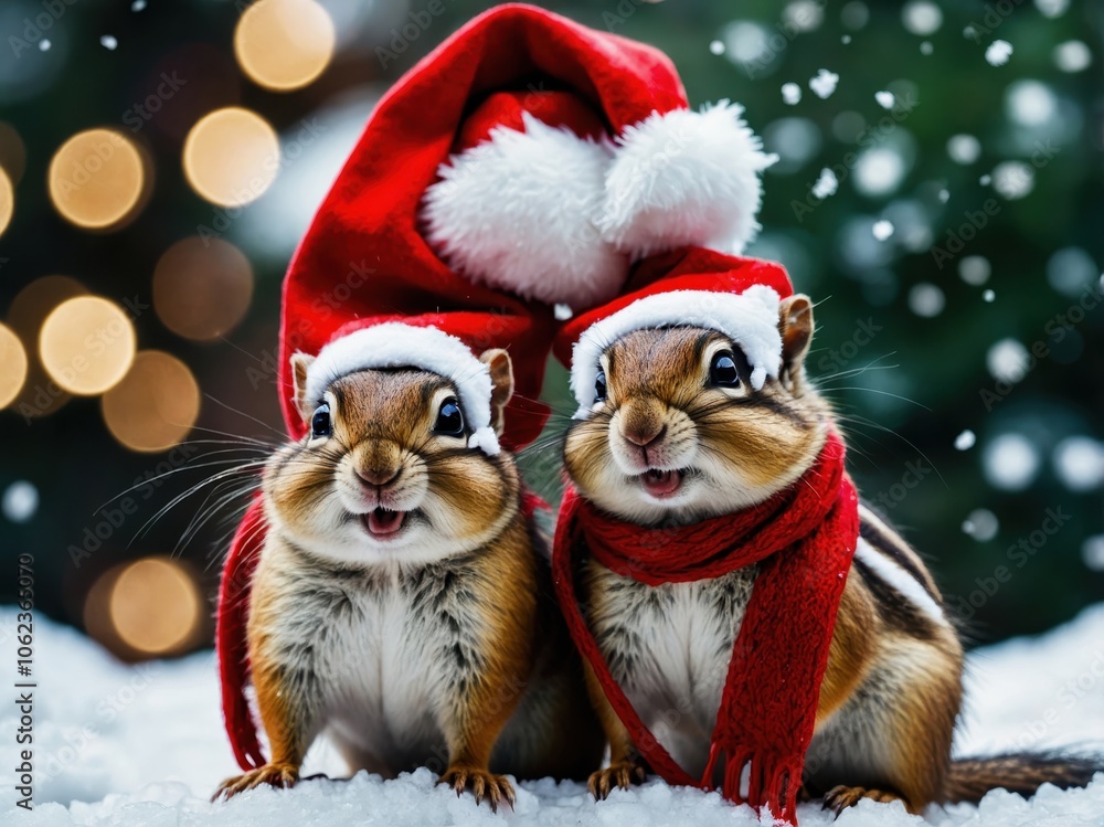 Two charming chipmunks wearing bright red Christmas hats, playfully posing together amidst festive decorations, radiating holiday cheer and warmth Two charming chipmunks wearing bright red Christmas hats, playfully posing together amidst festive decorations, radiating holiday cheer and warmth