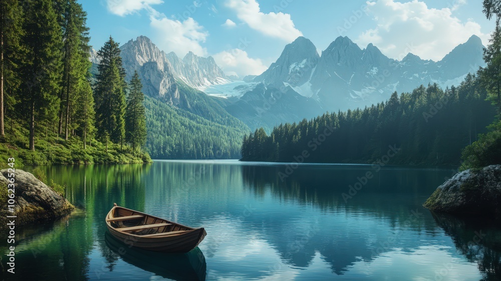 Pristine alpine lake surrounded by high peaks and dense evergreen forests, with a small wooden boat floating on the water Pristine alpine lake surrounded by high peaks and dense evergreen forests, with a small wooden boat floating on the water