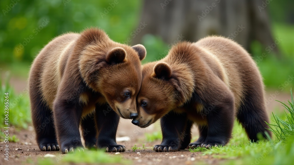 Fototapeta premium A charming photograph of two grizzly cubs tumbling over each other, embodying the spirit of childhood play.
