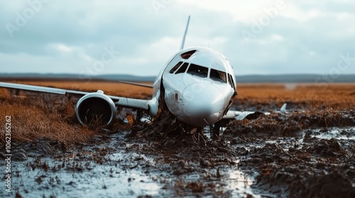 An airplane lies tilted and ruined in a desolate marshy wasteland, depicting a grim scene of stillness and despair amidst harsh, untouched natural surroundings. photo