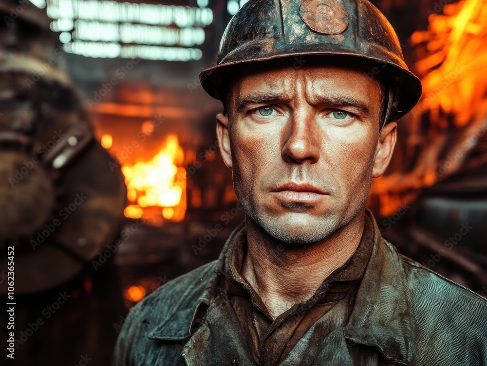 A determined factory worker in a safety helmet stands before a fiery industrial background, exuding strength and resilience. A determined factory worker in a safety helmet stands before a fiery industrial background, exuding strength and resilience.