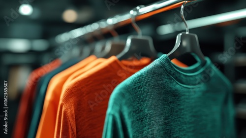 A dynamic display of vibrant sweaters lined on a clothes rack, accentuating the contrasting textures and rich colors, captured with taste under ambient lighting. photo