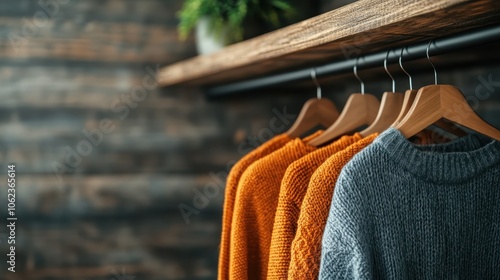 An inviting scene of wooden hangers draped with cozy sweaters, all resting on an elegant rustic shelf, conveying warmth with a touch of natural design. photo