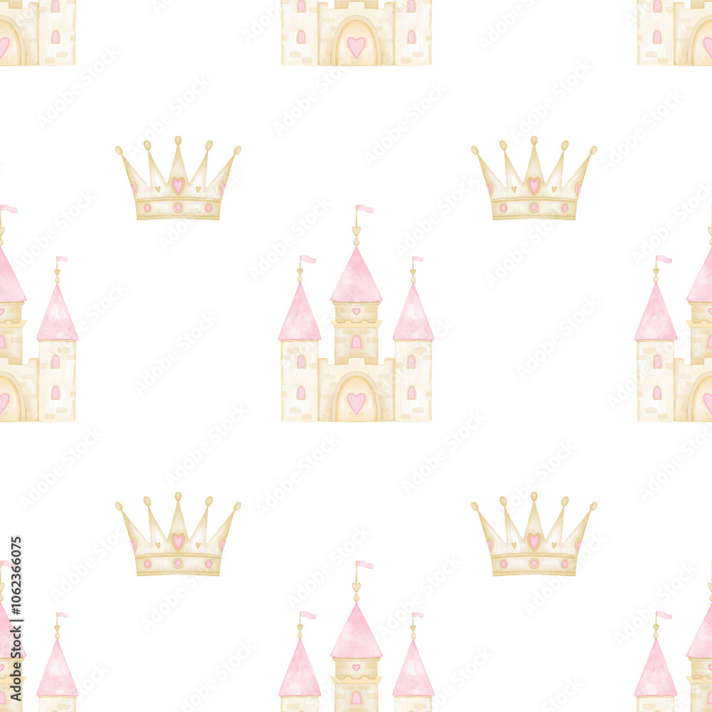 castle, crown. Watercolor seamless pattern on white background in pastel colors. Cute girly illustration for textiles and wrapping paper. Little princess castle, crown. Watercolor seamless pattern on white background in pastel colors. Cute girly illustration for textiles and wrapping paper. Little princess