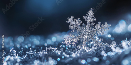 Winter banner background with macro snowflake photo