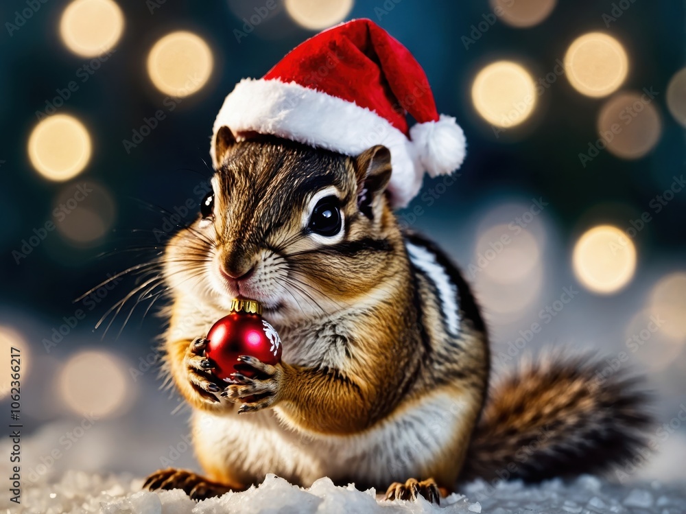 A cute chipmunk dressed in festive Christmas attire, wearing a tiny red sweater and a hat, surrounded by colorful decorations and twinkling lights A cute chipmunk dressed in festive Christmas attire, wearing a tiny red sweater and a hat, surrounded by colorful decorations and twinkling lights