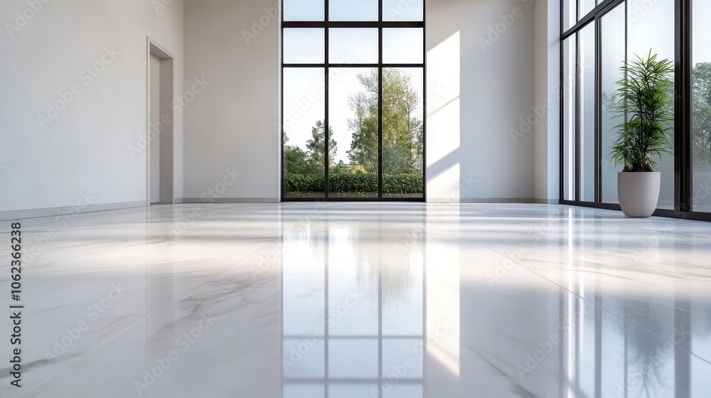A modern open space featuring reflective marble flooring, large windows allowing abundant natural light, and a minimalist aesthetic with a touch of greenery. A modern open space featuring reflective marble flooring, large windows allowing abundant natural light, and a minimalist aesthetic with a touch of greenery.