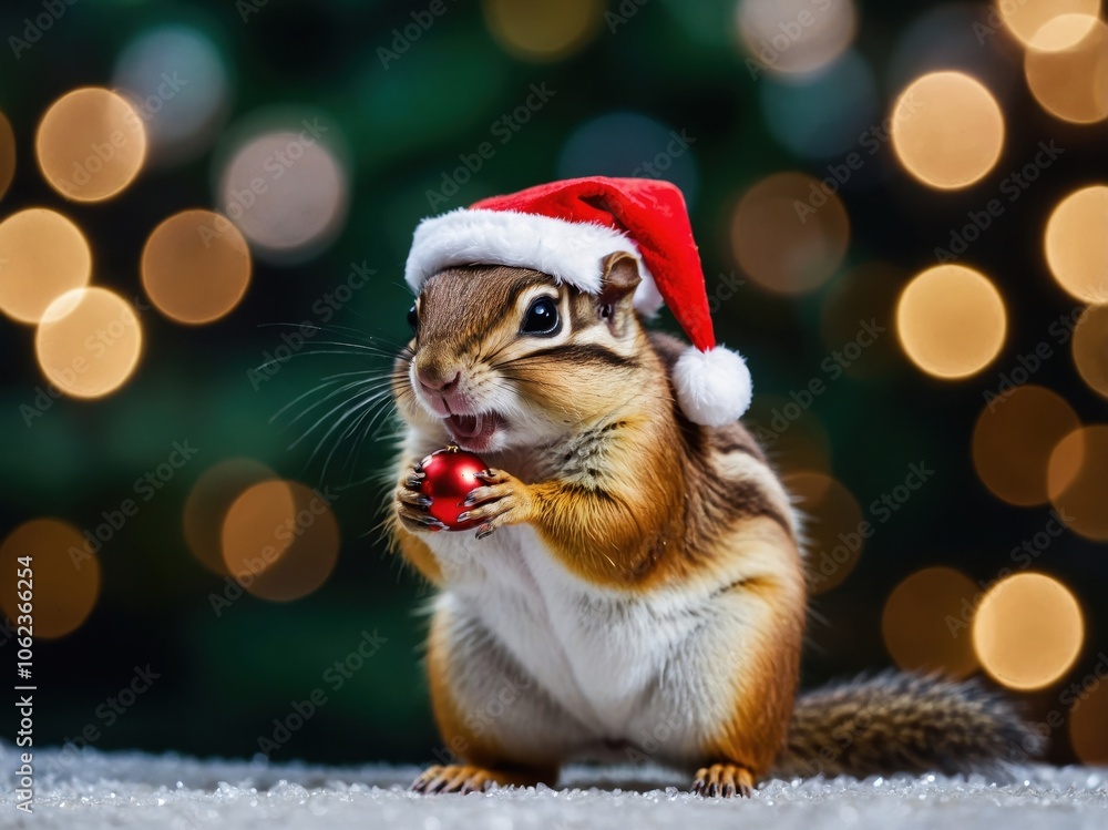 A cute chipmunk dressed in festive Christmas attire, wearing a tiny red sweater and a hat, surrounded by colorful decorations and twinkling lights A cute chipmunk dressed in festive Christmas attire, wearing a tiny red sweater and a hat, surrounded by colorful decorations and twinkling lights