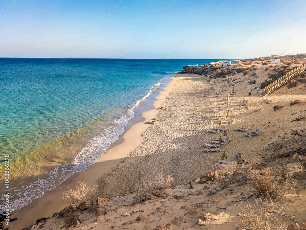 Φωτογραφία Aerial drone view of Costa Calma beach during the sunset,Fuerteventura, Canary I