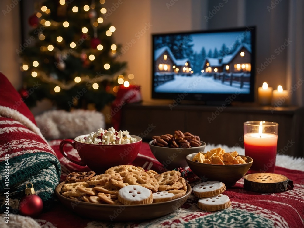 A cozy Christmas scene with various cookies on a plate, a Christmas tree in the background, and a TV, creating a warm holiday atmosphere A cozy Christmas scene with various cookies on a plate, a Christmas tree in the background, and a TV, creating a warm holiday atmosphere